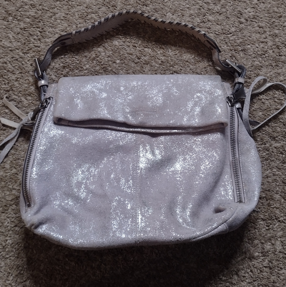 Aimee Kestenberg Women's Leather Metallic Shoulder Bag Purse Purple Zippers B10